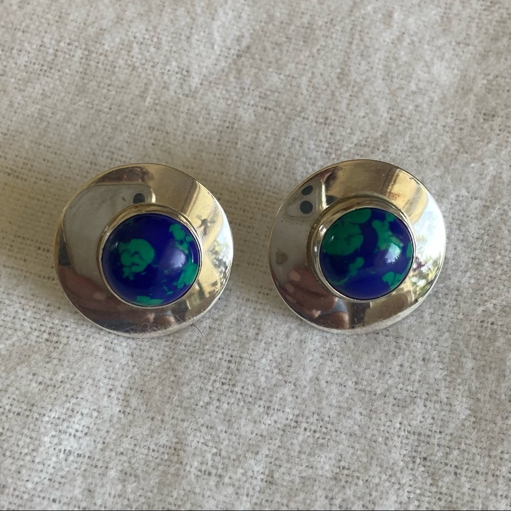 Sterling Silver & azurite-malachite Earrings-signed SJ